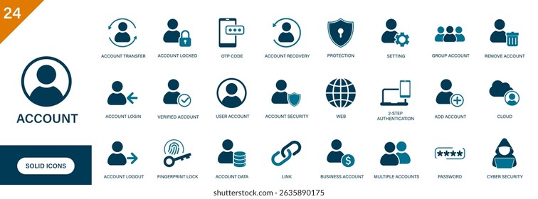 Account icon. Containing multiple accounts, security, social media, settings, login. Solid vector icon set.
