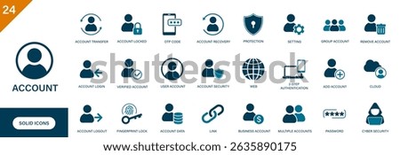 Account icon. Containing multiple accounts, security, social media, settings, login. Solid vector icon set.
