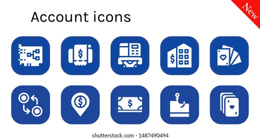 account icon set. 10 filled account icons.  Collection Of - Card, Invoice, Atm, Tax office, Cards, Currency, Bank, Dollar, Phishing