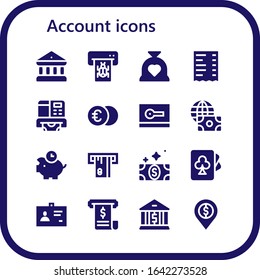 account icon set. 16 filled account icons.  Simple modern icons such as: Bank, Atm, Budget, Receipt, Euro, Card, Economy, Piggybank, Bill, Cards, ID, Invoice