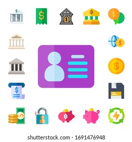 account icon set. 17 flat account icons.  Simple modern icons such as: bank, banks, id card, invoice, money, dollar, save, cash, login, piggy bank