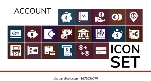 account icon set. 19 filled account icons. Included Piggy bank, Card, Atm, Payment, Invoice, Currency, Login, Bank, Passbook, Account, Euro icons