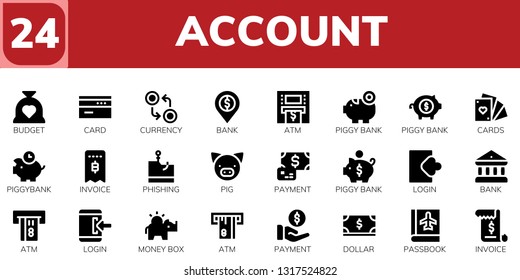  account icon set. 24 filled account icons.  Simple modern icons about  - Budget, Card, Currency, Bank, Atm, Piggy bank, Cards, Piggybank, Invoice, Phishing, Pig, Payment, Login