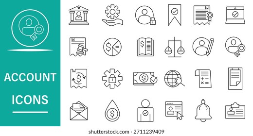 Conjunto de iconos de Cuenta. Conjunto de icono de 24 líneas relacionadas con las finanzas y la contabilidad. Incluye impuestos, préstamo, saldo, auditoría, informe financiero, perfil, Inicio de sesión, banco, pago y más. Ilustración vectorial.