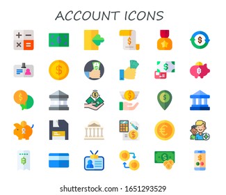 conjunto de iconos de cuenta. 30 iconos de cuenta plana.  Iconos modernos sencillos, como: calcular, dinero, inicio de sesión, factura, transacción, tarjeta de identificación, dólar, pago, efectivo, banco, banco, banco, ahorros