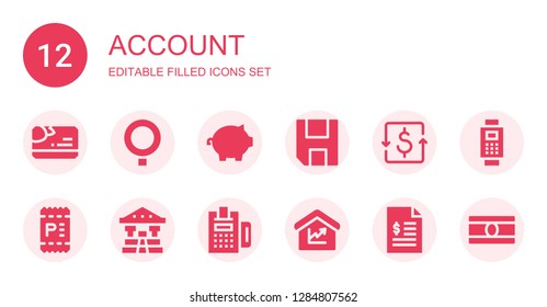 account icon set. Collection of 12 filled account icons included Card, Qstack, Piggy bank, Save, Dollar, Invoice, Bank, Payment, Amount, Bill