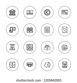 Account icon set. collection of 16 outline account icons with atm, bank, cash, calculate, calculation, card, dollar, economy, euros, payment, piggy icons.