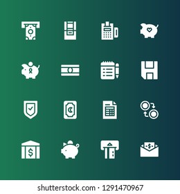 account icon set. Collection of 16 filled account icons included Bill, Atm, Piggy bank, Bank, Currency, Invoice, Card, Verified, Save, Payment, Withdraw