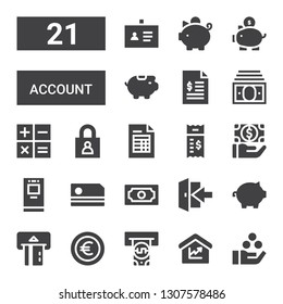 account icon set. Collection of 21 filled account icons included Payment, Amount, Atm, Euro, Piggy bank, Login, Cash, Card, Bill, Invoice, Calculation, Income, ID