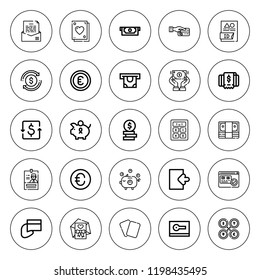Account icon set. collection of 25 outline account icons with atm, card, bill, cash, bills, calculate, cards, currency, dollar, id, euro, login, invoice icons. editable icons.