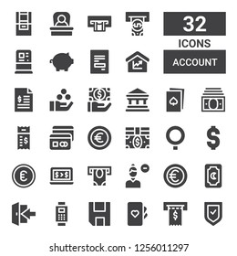 account icon set. Collection of 32 filled account icons included Verified, Invoice, Cards, Save, Payment, Login, Card, Euro, Remove user, Atm, Bank, Dollar, Qstack, Bills, Bill