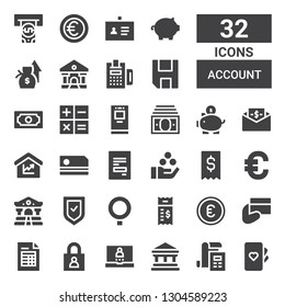 account icon set. Collection of 32 filled account icons included Cards, Bill, Bank, Login, Invoice, Payment, Euro, Qstack, Verified, Receipt, Card, Amount, Piggy bank, Income
