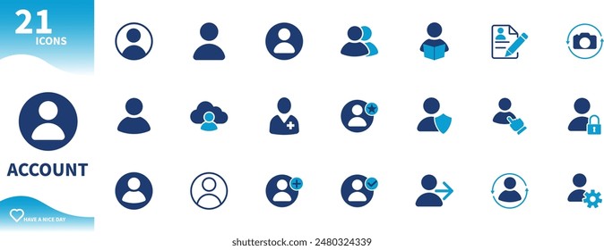 Account icon. Set of profile icons, avatars, people, change photos, settings,...