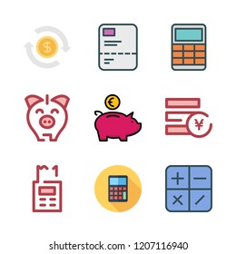 account icon set. vector set about calculator, piggy bank, yen and calculating icons set.
