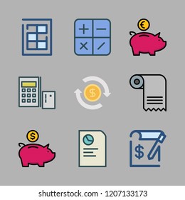 account icon set. vector set about investment, invoice, finance book and calculator icons set.