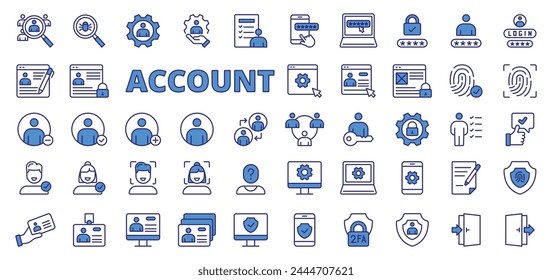 Account icons in line design, blue. User, login, password, username, social, verification, sign up, sign in, registration, users isolated on white background vector. Account editable stroke icons.