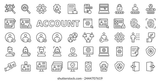 Account icons in line design. User, login, password, username, social, verification, sign up, sign in, registration, users isolated on white background vector. Account editable stroke icons.