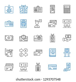 account icons set. Collection of account with bill, credit card, id card, bank, atm, biography, currency, card, cash, remove user, calculating. Editable and scalable account icons.