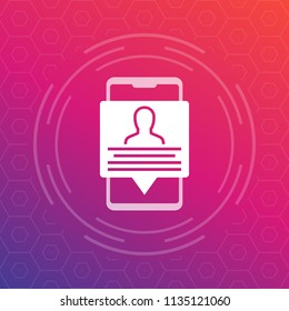 account info, profile, personal data in smartphone, vector icon
