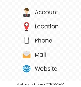 Account, Location, Phone, Mail, Website Vector Illustration Of Colored Icons On Transparent Background(png).