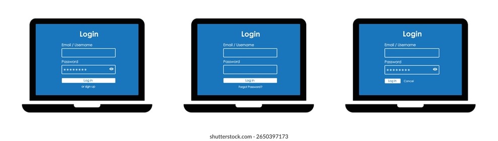Account log in and password form page on laptop screen icon, vector illustration