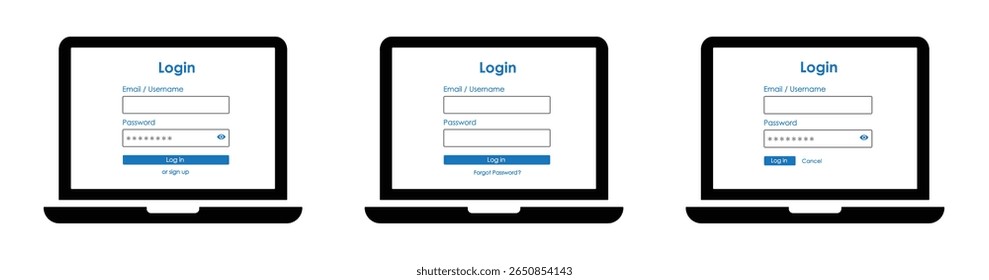 Account log in and password form page on laptop screen icon, vector illustration