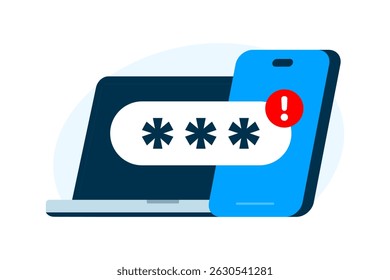 Conta Logon em Aviso de Outro Dispositivo. Ilustração simples de Laptop e Smartphone com Campo de Senha e Ponto de Exclamação. para alerta de login, problema de segurança ou notificação de atividade suspeita