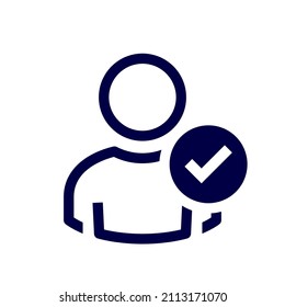 Account Login Icon. Verify Member Profile. Person, User with Checkmark Sign. Confirmed User account. Valid, Approved, Verified
