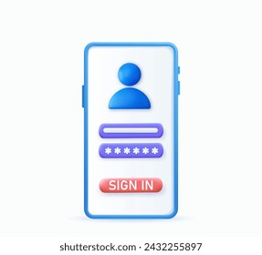 Account login and password form on smartphone app. User authorization, login authentication page, sign up concept. 3d rendering. Vector illustration