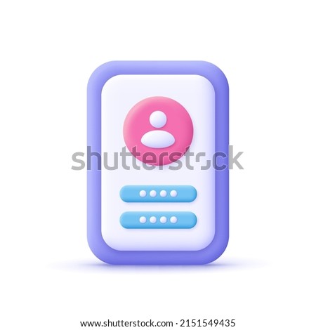 Account login and password form on smartphone app. User authorization, login authentication page, sign up concept. 3d vector icon. Cartoon minimal style.