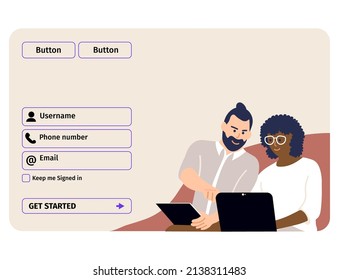 Account login and password form page on screen. Login page. sign up web forms with the detailed description. Pop up with buttons and inputs. UI, UX web elements. Vector stock illustration.