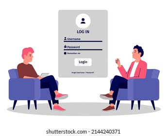 Account login and password form page on screen. Login page. sign up web forms with the detailed description. Pop up with buttons and inputs. UI, UX web elements. Vector stock illustration.