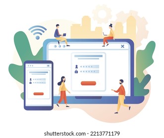Account login and password on smartphone and laptop screen. Cyber security, Data protection, online registration, confidentiality concept. Modern flat cartoon style. Vector illustration 