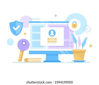 Account login, sign in, online registration. Vector illustration. Password, sign up form, web security, log in to website concepts