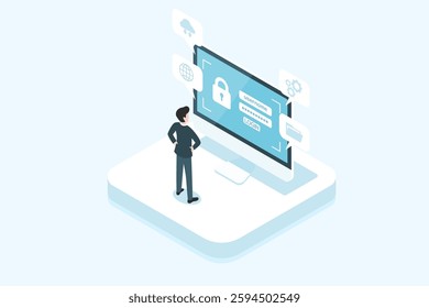 Account login, username and password on computer screen, Sign in to account, isometric concept, flat design.