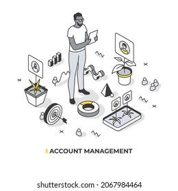 Account management concept. Manager communicate, build partnership with clients and nurture long-term sales growth. Vector isometric illustration