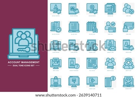 Account management dual tone icons set. contain access control, add user, card info, member info, login page and more. use for modern concept, print, UI, UX kit, web and app development. Vector EPS 10