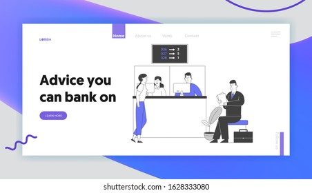 Account Management, Financial Electronic Queuing System Service Website Landing Page. People Wait in Bank Queue Look at Display Number Board Web Page Banner. Cartoon Flat Vector Illustration, Line Art