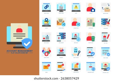 Account management flat color icons set. contain admin panel, data import, data reset, personal data, inbox and more. use for modern concept, print, UI, UX kit, web and app development. Vector EPS 10