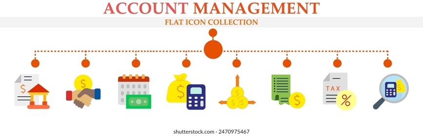 colección de iconos planos de administración de Cuentas. Conteniendo ícono de banca, Acuerdo financiero, sueldo, cálculo, monedas en movimiento, informe y más. Ilustración vectorial.