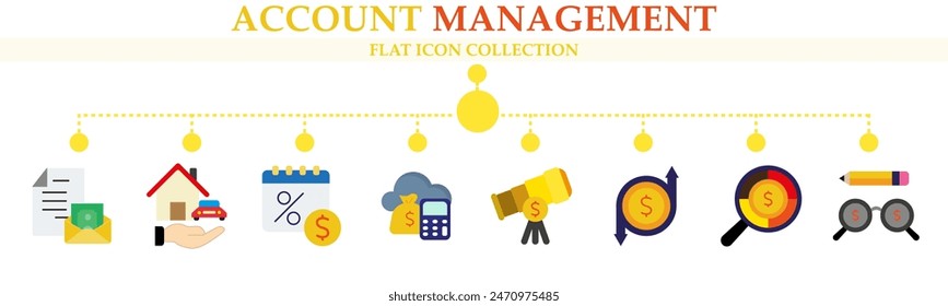 Account management flat icon collection. Containing icon of accounting, money, search, telescope, coin and more. For symbol, sign, presentation,  infographics or web graphics. Vector illustration. 