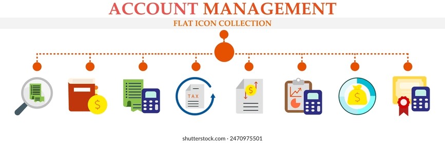 Account management flat icon collection. Containing icon of certificate, chart, report, tax, book and search. For infographics, sign, symbol or web graphics. Vector Illustration. 