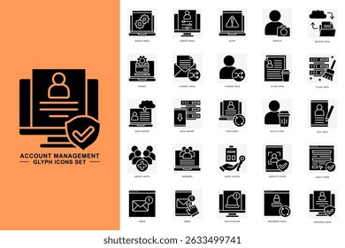 Account management glyph icons set. contain admin panel, data import, data reset, personal data, inbox and more. use for modern concept, print, UI, UX kit, web and app development. Vector EPS 10