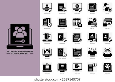 Account management glyph icons set. contain access control, add user, card info, member info and more. use for modern concept, print, UI, UX kit, web and app development. Vector EPS 10