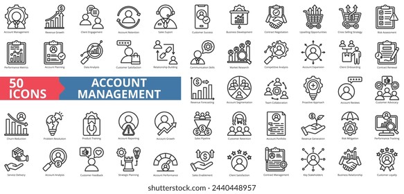 Account management icon collection set. Containing client engagement, retention, sales support, verified, business presentation, contract negotiation, upselling icon. Simple line vector illustration.