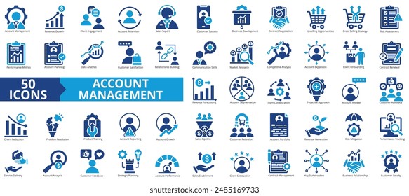 Account management icon collection set. Containing client engagement, retention, sales support, verified, business presentation, contract negotiation, upselling icon. Simple flat vector illustration.