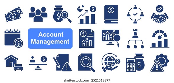 Account management icon collection set. Containing client engagement, retention, sales support, verified, business presentation, contract negotiation, upselling icon. Simple line vector illustration.
