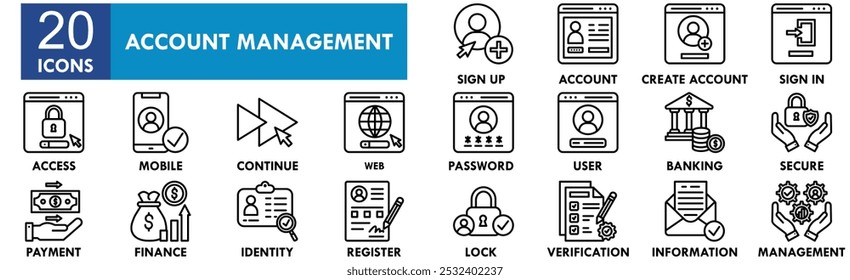 Conjunto de coleta de ícones do Gerenciamento de Contas. Contendo negócios de design, conta, gerenciamento, finanças, financeiro, gerente