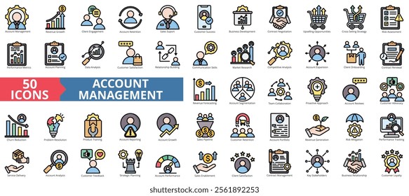Account management icon collection set. Containing client engagement, retention, sales support, verified, business presentation, contract negotiation, upselling icon. Simple flat color illustration