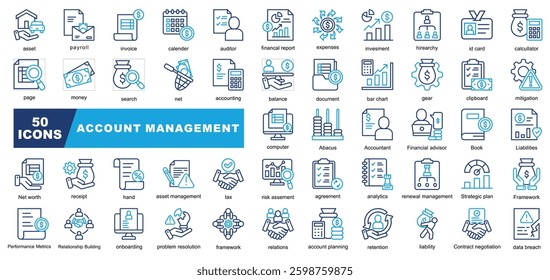 Account Management icon collection set. asset,payroll,invoice,calendar,auditor,financial report,expenses,investment,hirearchy icon.Simple color outline vector